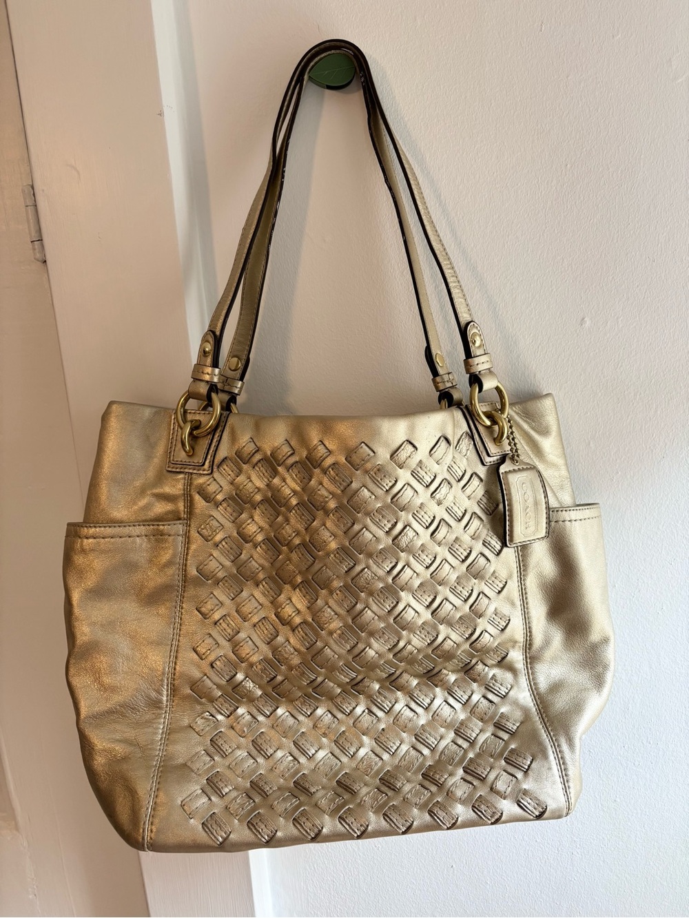 COACH Peyton North South Metallic Woven Leather Tote Bag Gold F17099 EUC